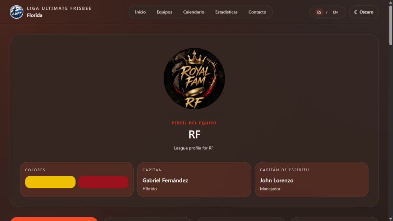 Perfil del equipo RF dentro del portal de la Liga Ultimate Frisbee Florida.